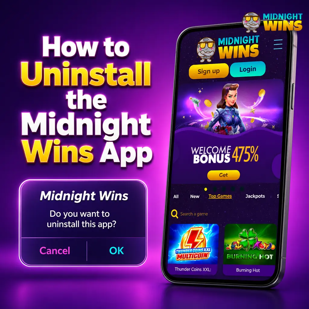 Steps to uninstall the Midnight Wins app on Android and iOS devices via icon press and confirm.