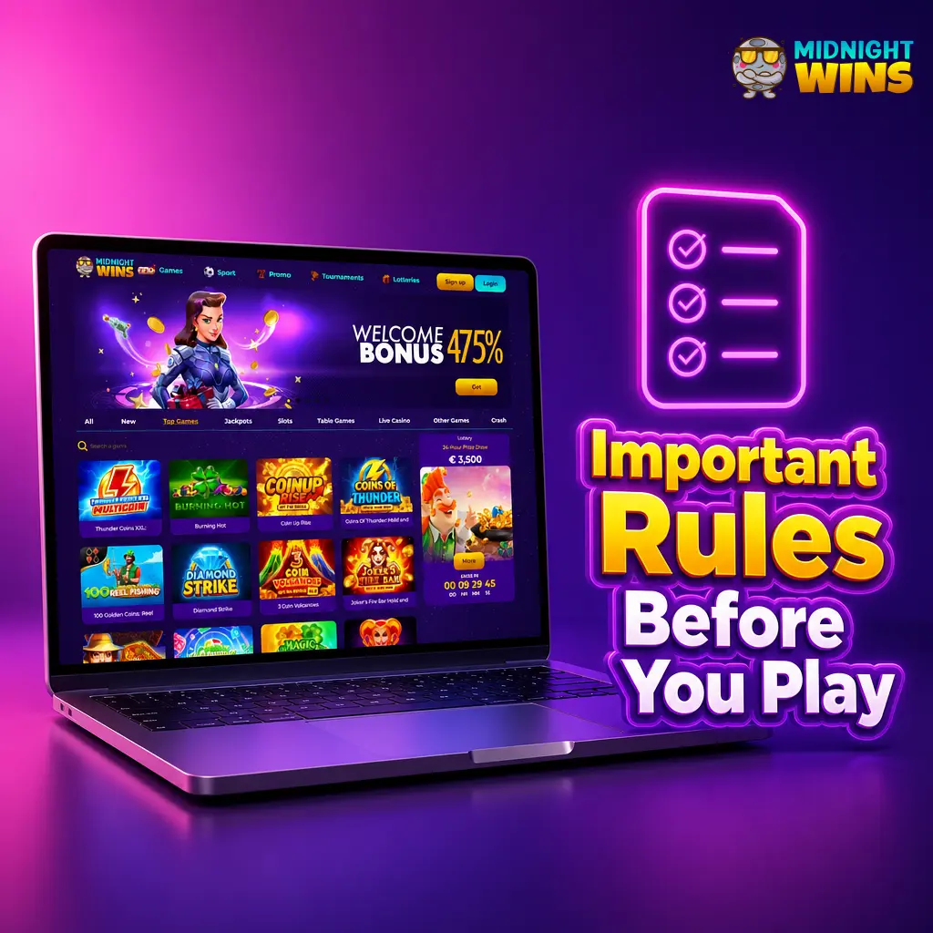Midnight Wins 2026 terms: age 18+, one account per person, ID verification, fixed currency, and bonus wagering rules.