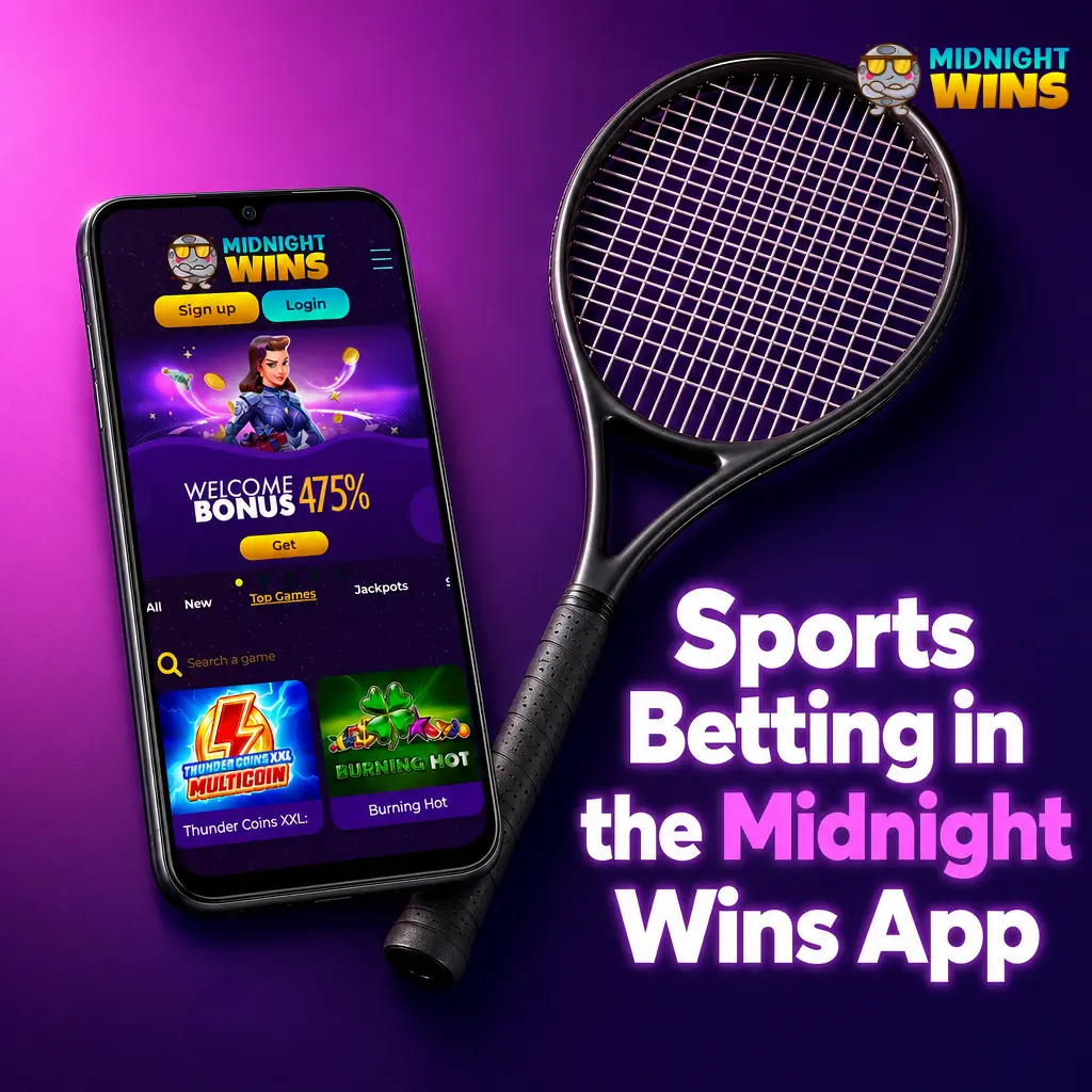 Sports betting screen in the Midnight Wins app showing football, horse racing, tennis, cricket, darts and rugby markets